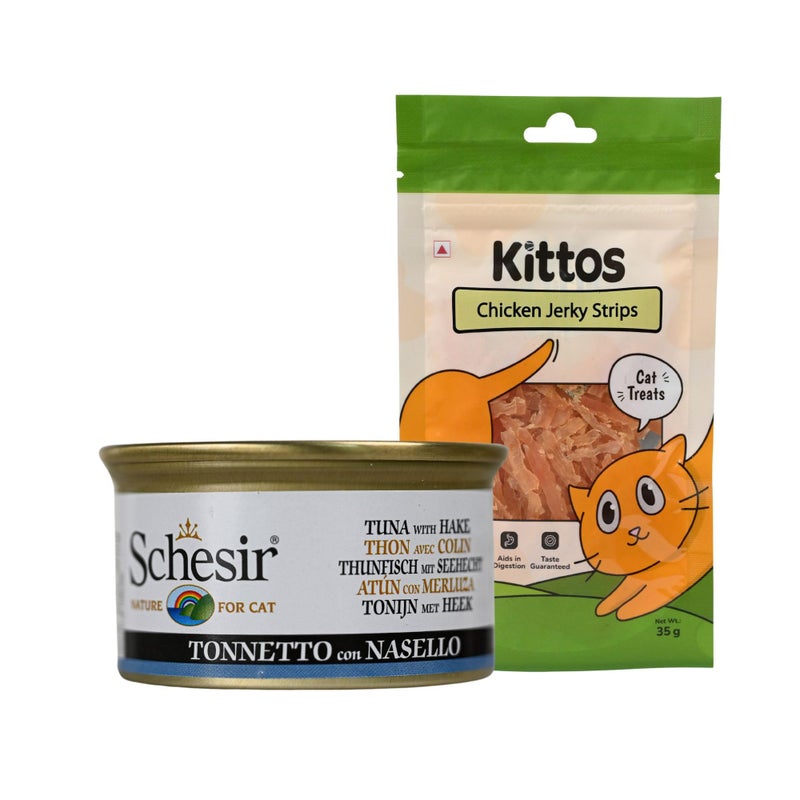 Schesir Tuna with Hake Wet Cat Food 85g + Kittos Chicken Jerky Strips 35g Natural Combo for Cats High Protein Complete Meal + Real Meat Treat All Breeds & Ages - Image 1