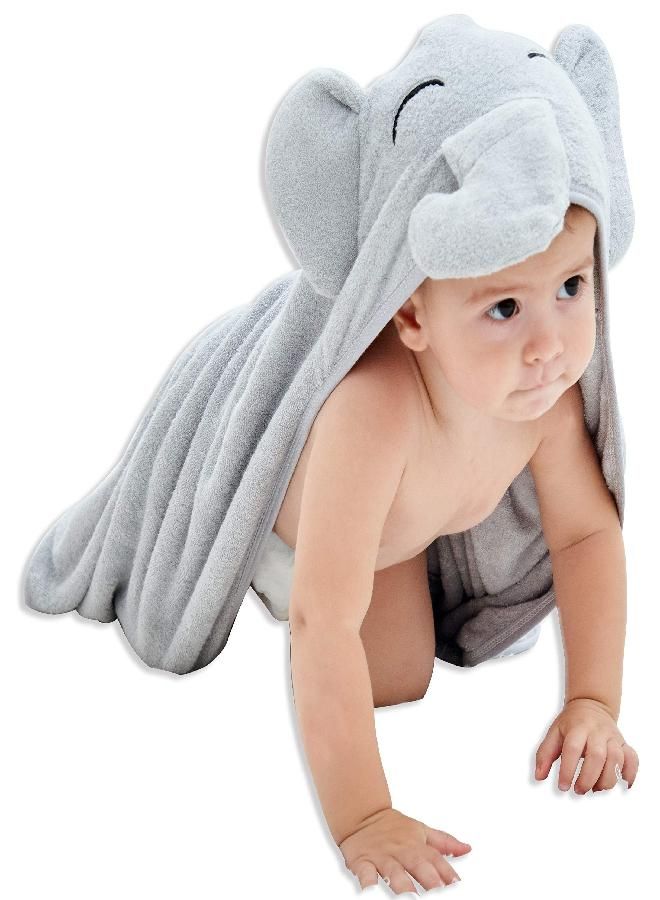HIPHOP PANDA Hooded Towel - Rayon Made from Bamboo, Bath Towel with Bear Ears for Newborn, Babie, Toddler, Infant - Absorbent Large Baby Towel - Grey Elephant, 37.5 x 37.5 Inch - Image 1