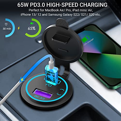Qidoe 83W 12V USB Outlet Laptop Charger: 2 Pack 65W USB-C PD3.0 and 18W QC3.0 Multi Car Port 12V Socket Waterproof with Power Switch for Car Boat Marine Bus Truck Golf Cart RV Moto, etc. - Image 3