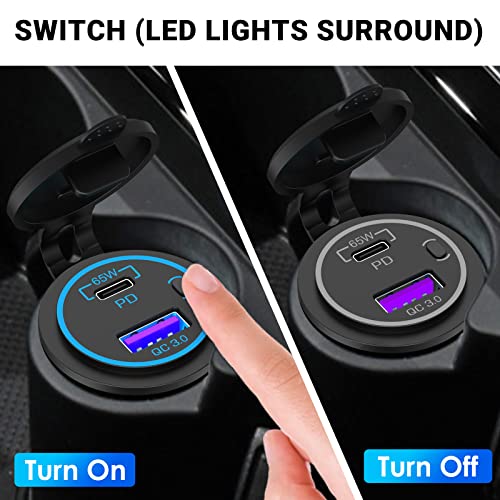 Qidoe 83W 12V USB Outlet Laptop Charger: 2 Pack 65W USB-C PD3.0 and 18W QC3.0 Multi Car Port 12V Socket Waterproof with Power Switch for Car Boat Marine Bus Truck Golf Cart RV Moto, etc. - Image 5
