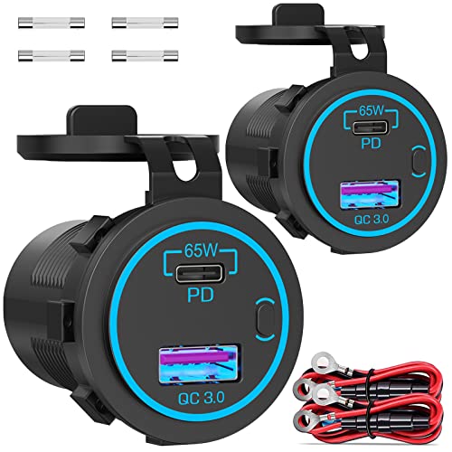 Qidoe 83W 12V USB Outlet Laptop Charger: 2 Pack 65W USB-C PD3.0 and 18W QC3.0 Multi Car Port 12V Socket Waterproof with Power Switch for Car Boat Marine Bus Truck Golf Cart RV Moto, etc. - Image 1