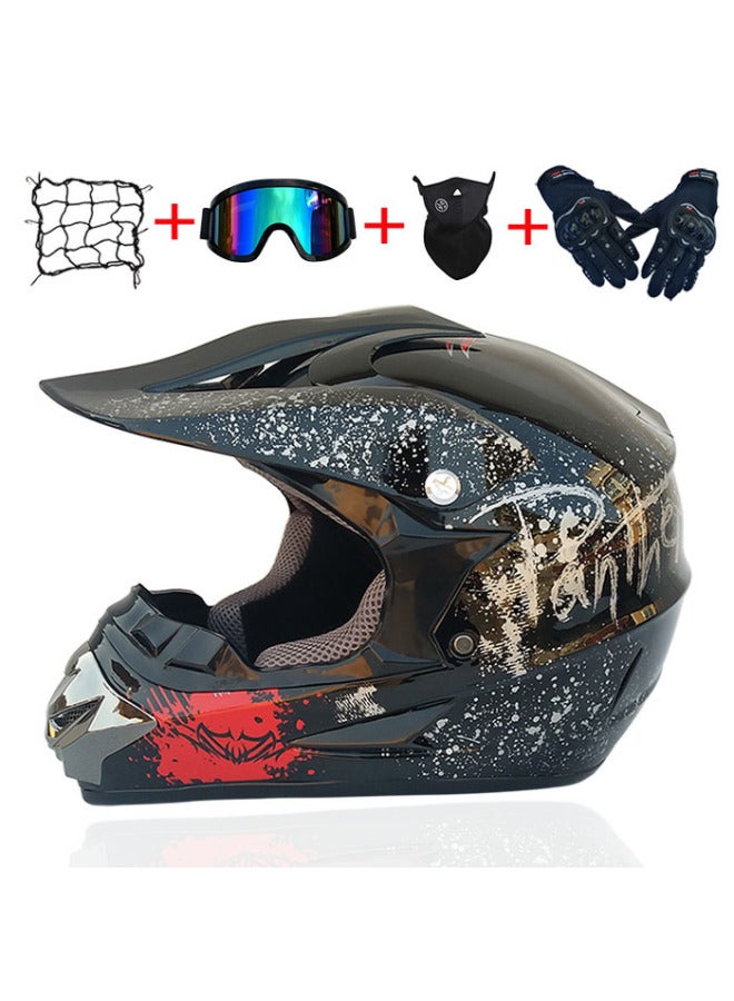Men's Women's Full Face Motorcycle Helmet for Cross-Country Downhill DH - Bright Black Floral with Goggles, Mask, Hard Shell Gloves and Net Pocket