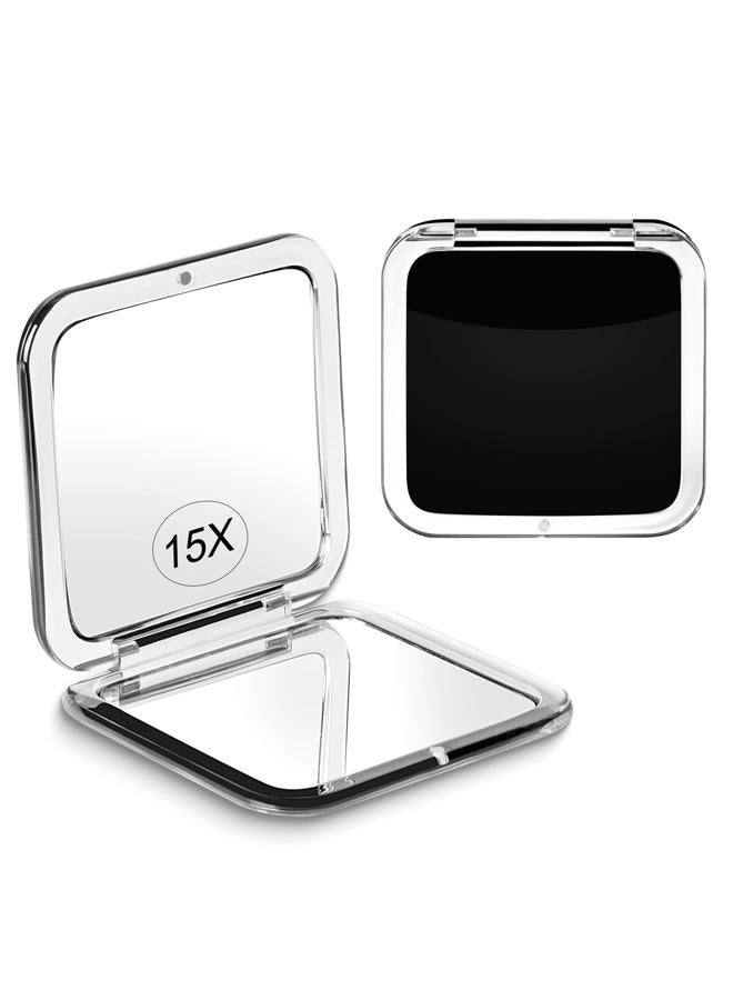 Santoo Compact 15X Magnifying Makeup Mirror for Travel, Small Pocket Mirror-Handheld, Foldable & Portable 2-Sided with 15X Magnifying and 1X Mirror for Purses - Square 3.3 x 3.3 inch (Black) - Image 1