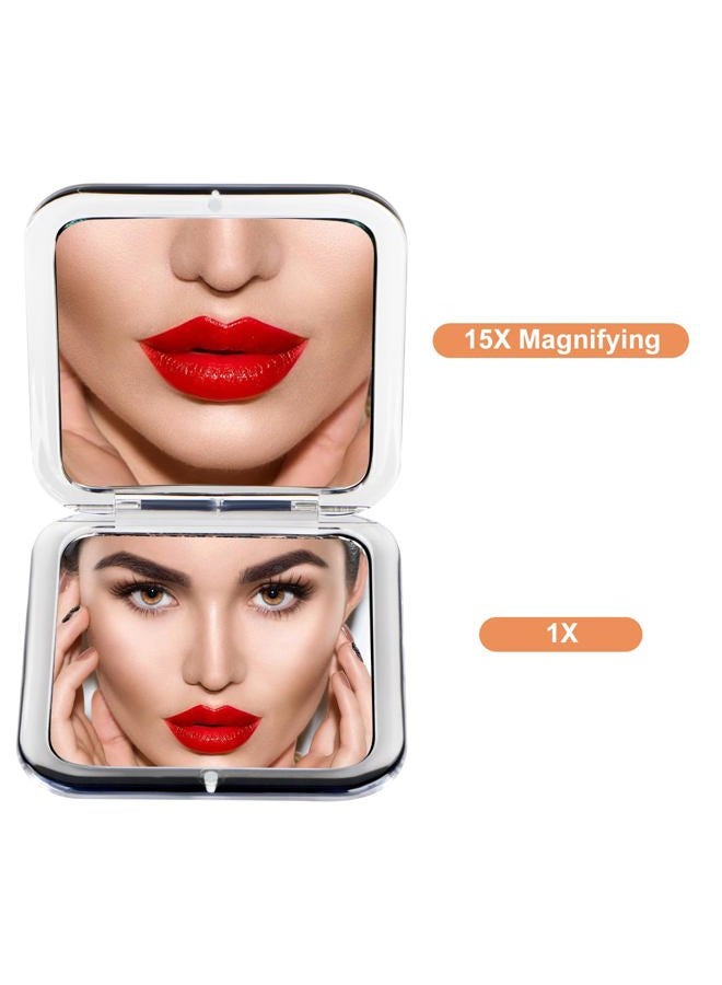 Santoo Compact 15X Magnifying Makeup Mirror for Travel, Small Pocket Mirror-Handheld, Foldable & Portable 2-Sided with 15X Magnifying and 1X Mirror for Purses - Square 3.3 x 3.3 inch (Black) - Image 2