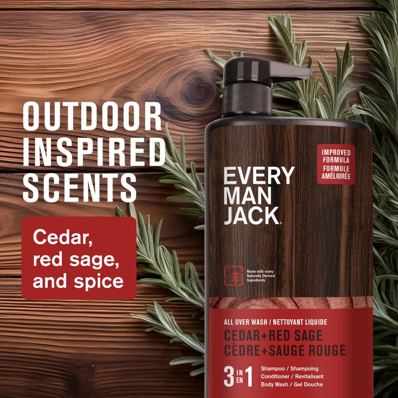 Every Man Jack Cedar + Red Sage Hydrating Mens 3-in-1 All Over Wash for All Skin and Hair Types - Body Wash, Shampoo and Conditioner with Naturally Derived Ingredients - 28.8oz (2 Pack) - Image 3
