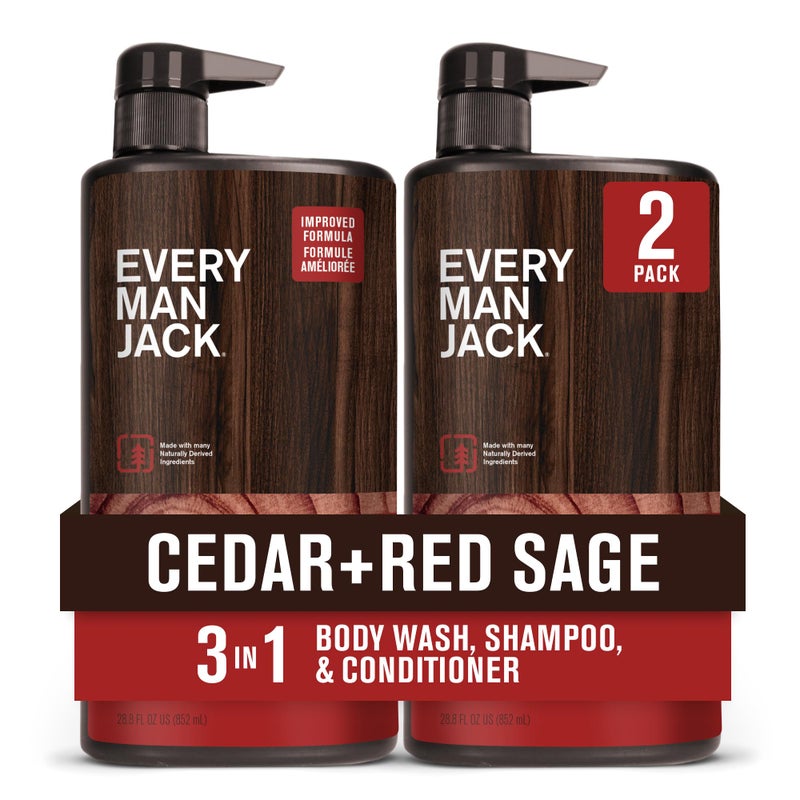 Every Man Jack Cedar + Red Sage Hydrating Mens 3-in-1 All Over Wash for All Skin and Hair Types - Body Wash, Shampoo and Conditioner with Naturally Derived Ingredients - 28.8oz (2 Pack) - Image 1