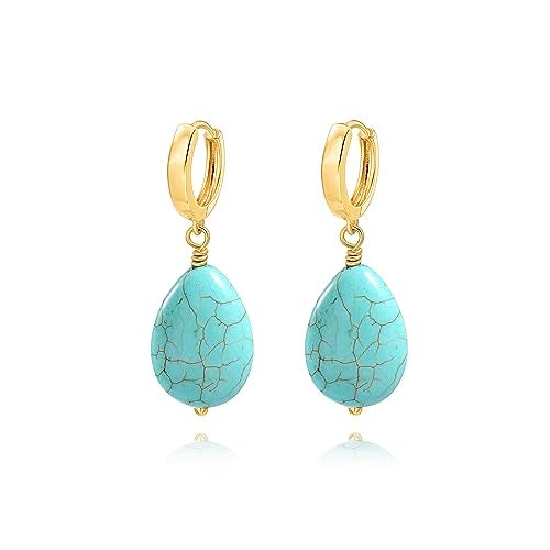 PEARLADA Boho Turquoise Teardrop Dangle Earrings, 18k Gold Huggie Hoop Earrings with Charms, Trendy Turquoise Jewelry for Women - Image 1