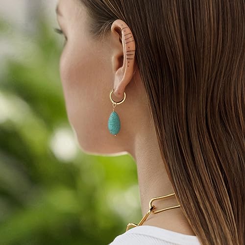 PEARLADA Boho Turquoise Teardrop Dangle Earrings, 18k Gold Huggie Hoop Earrings with Charms, Trendy Turquoise Jewelry for Women - Image 3
