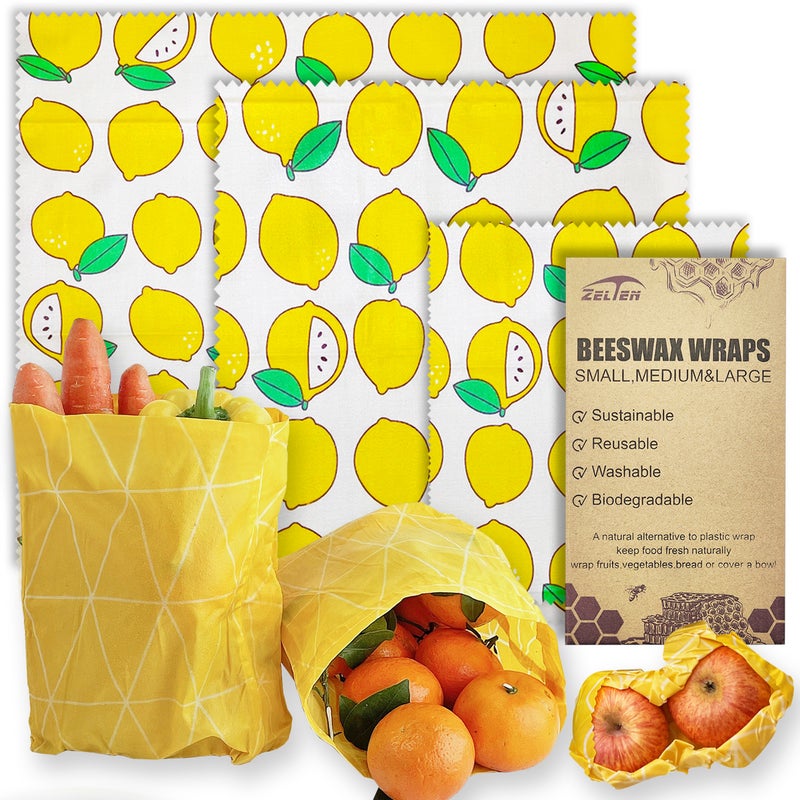 Zelten Beeswax Reusable Food Wraps - (3 Packs, 3 Sizes S,M,L) Plastic and Silicone Free, Eco-friendly Wrap, Wax Paper for Food,Yellow Lemon - Image 1