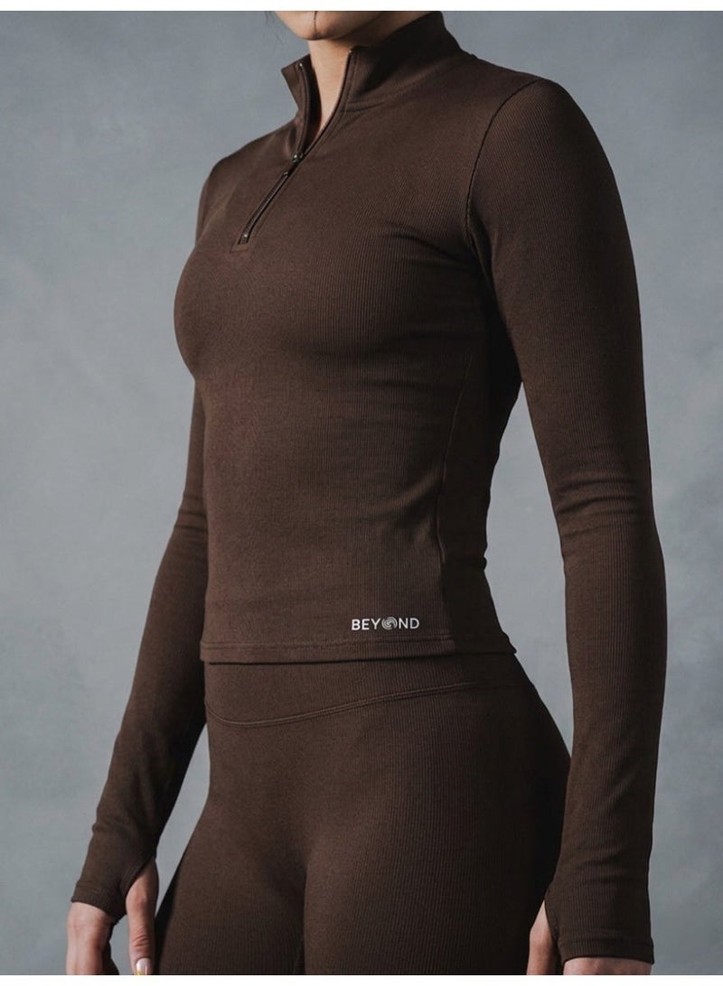 Beyond Sportswear Women's Brown 1/4 Zip Long sleeve top - Image 2