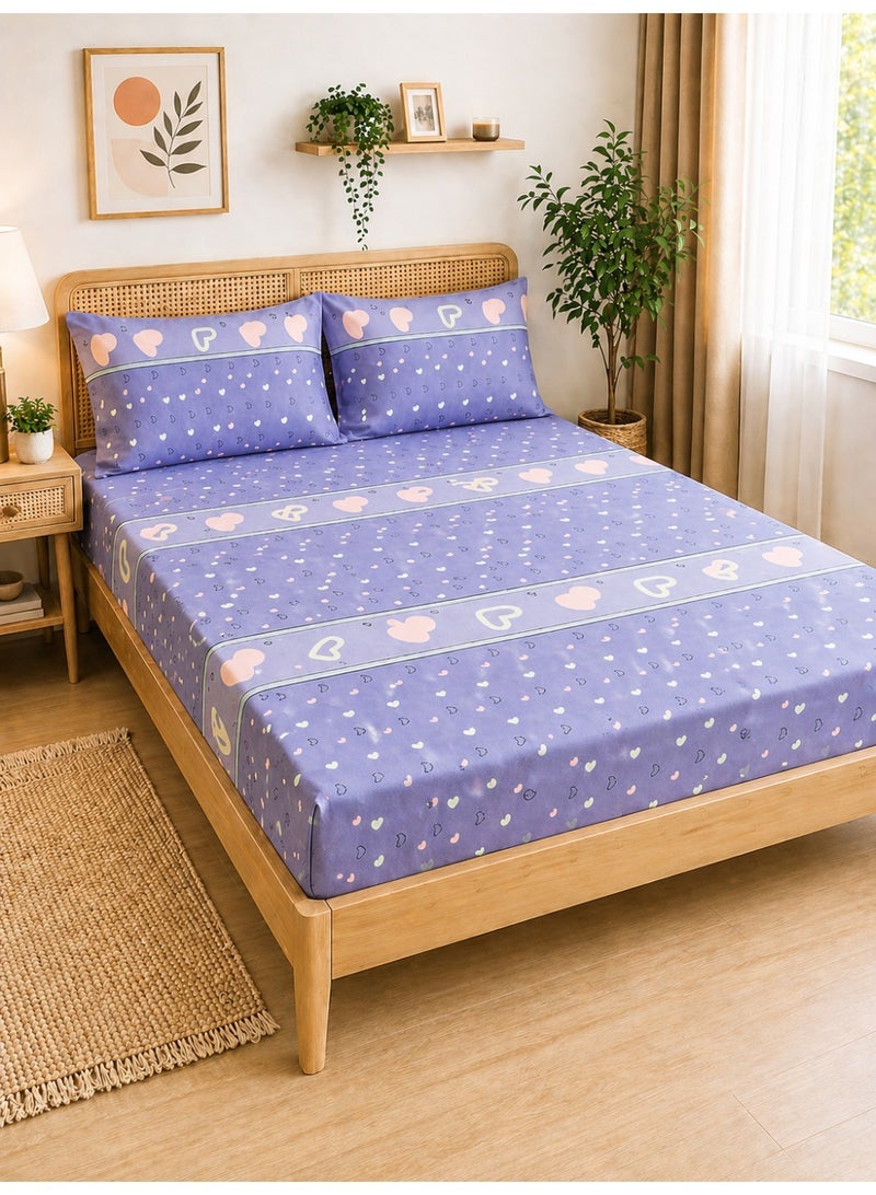 Eworld 3-Piece Fitted Bedsheet Set, Heart Print, 100% Cotton, 125 GSM, 1 Fitted Sheet + 2 Pillowcases, Soft & Breathable Bedding Set - Image 1
