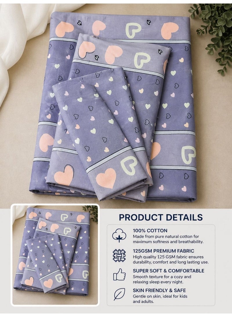 Eworld 3-Piece Fitted Bedsheet Set, Heart Print, 100% Cotton, 125 GSM, 1 Fitted Sheet + 2 Pillowcases, Soft & Breathable Bedding Set - Image 2