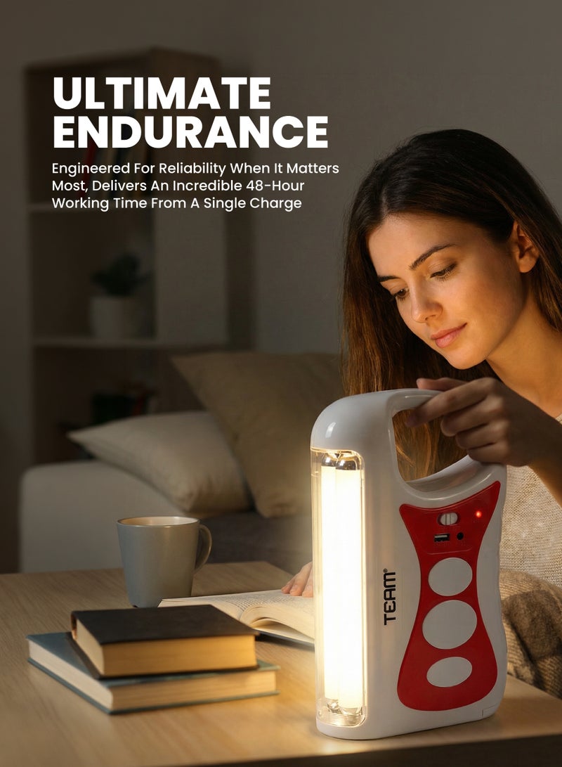 تيم TEAM Rechargeable Emergency Lantern TM‑659 with 40 SMD LED | 6V 4.5Ah Battery | USB Mobile Charging | 6–48Hrs Backup | Over‑Charge Protection | Portable Home, Camping & Power Cut Light - Image 2
