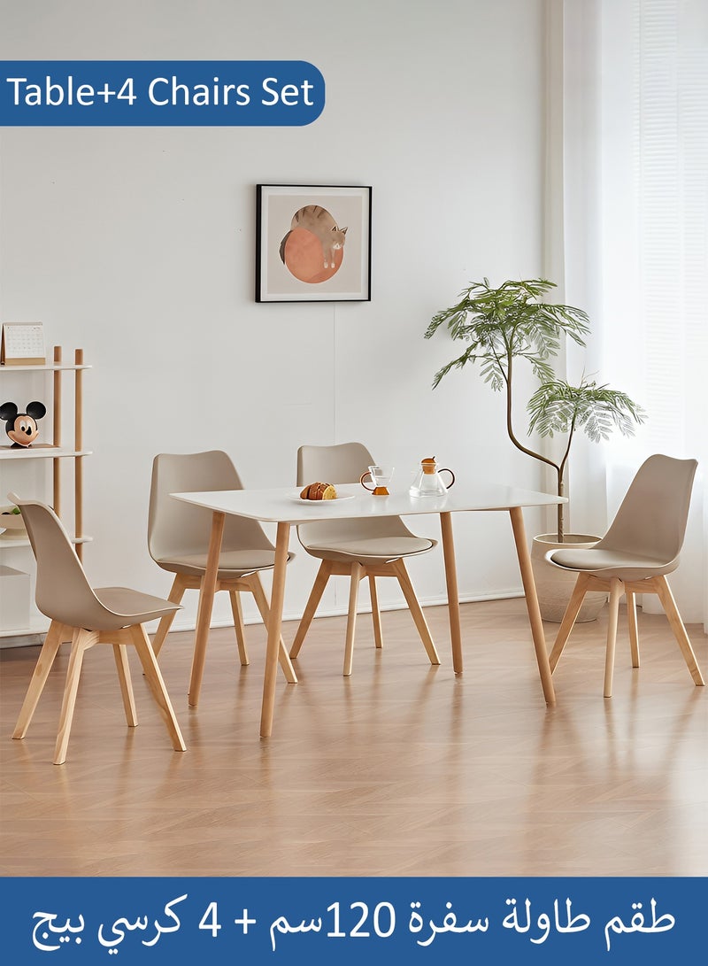 Taimi 5-Piece Dining Set,Modern Rectangular Dining Table with 4 Elegant Chairs | Solid White Wood Table 120x60x73cm with with 4 Beige Mid Century Soft Padded Seats and Wooden Legs - Image 1
