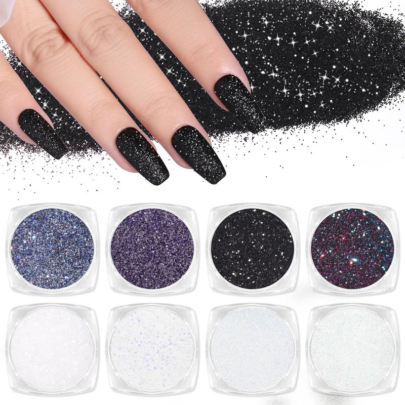 Laza 8 Colors Nail Glitter Powder Shining Sugar Effect Glitter Black White Dust Sand Powder Candy Coat Manicure Nail Art Decoration for Nail Art Tips Decoration DIY Crafts