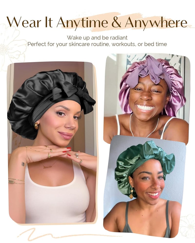 يانيبست Adjustable Satin Bonnet for Sleeping, Double Layer Silk Hair Bonnet with Tie Band for Unisex Women Men Curly Natural - Image 4