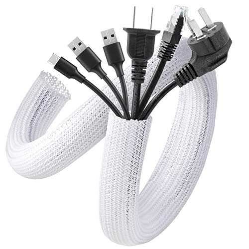 AGPTEK White Cable Sleeve Cover, 2 Pack 5ft - 1.2 inch Desk Cord Organizer Cable Hider, Home Office Wire Management Computer TV Wire Loom Tubing, Pet Proof Cord Protector, from Cat Dog Chewing, White - Image 1