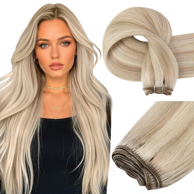 Easyouth Weft Hair Extensions Human Hair Highlight Sew in Hair Extensions Ash Blonde Highlight Bleach Blonde Sew in Weft Extension Human Hair for Length and Volume 22 Inch 100G