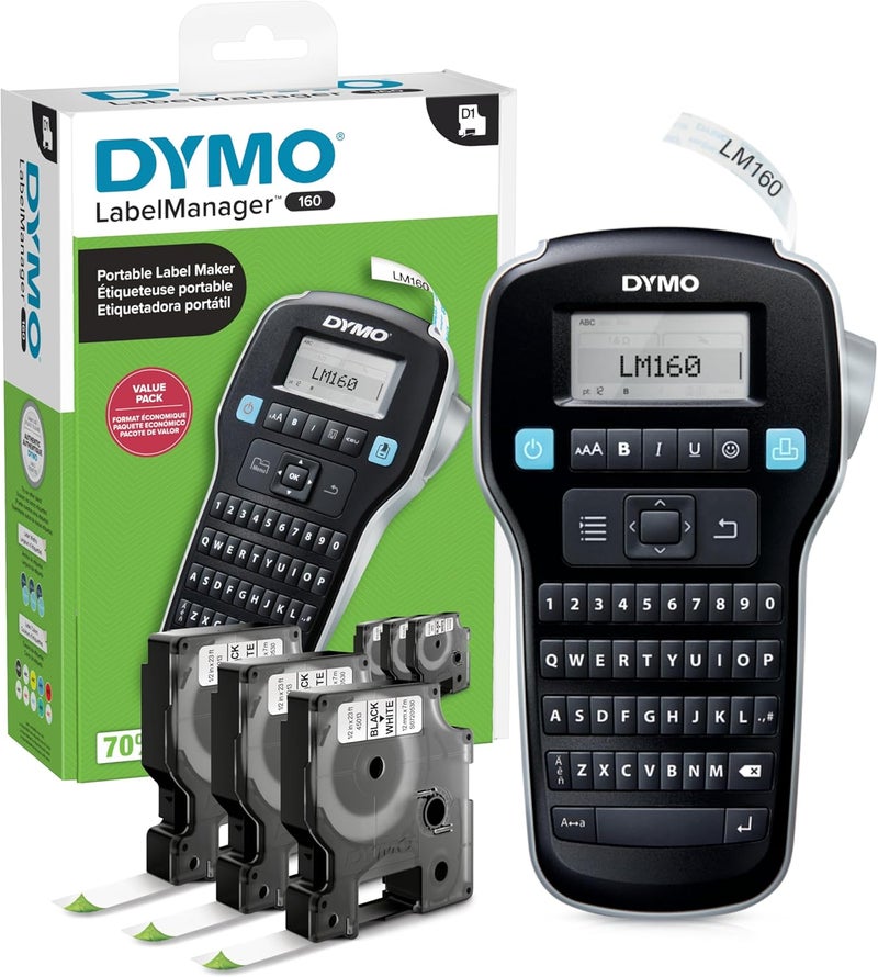 LabelManager 160 Portable Label Maker Bundle, Easy-to-Use, One-Touch Smart Keys, QWERTY Keyboard, Large Display, for Home & Office Organization, Includes 3 D1 Label Cassettes - Image 1