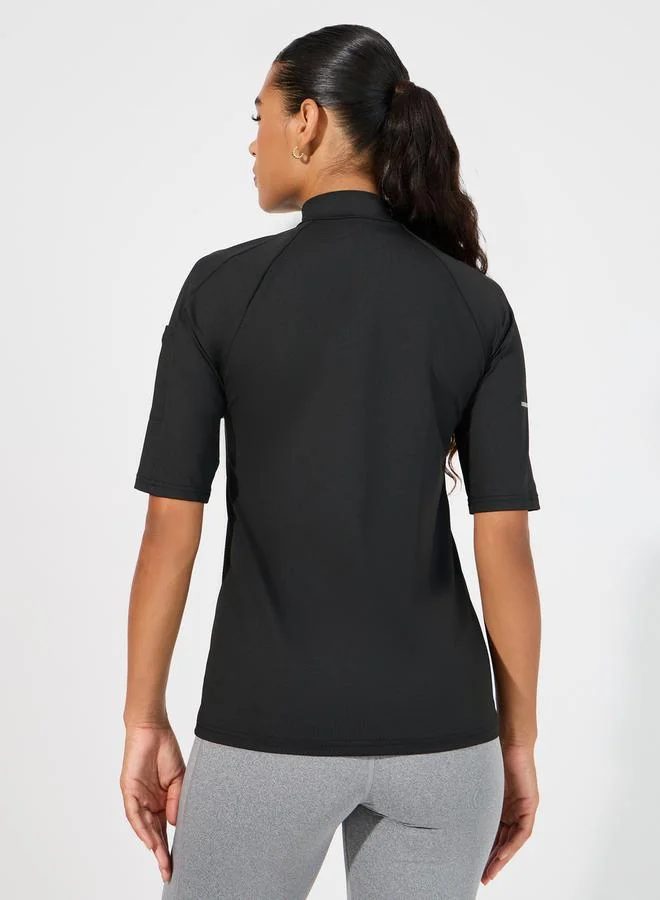 Styli Sleeve Reflective Striped Half Zip Up Short Sleeve Top