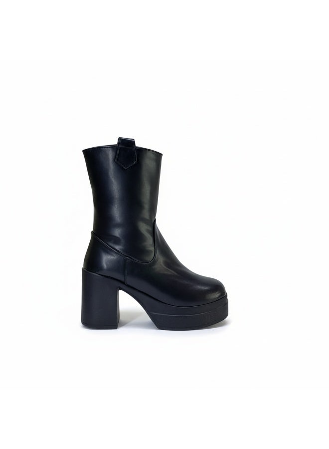 LIFESTYLISH Boot Heels Leather With Zipper L-114 - Black - Image 2