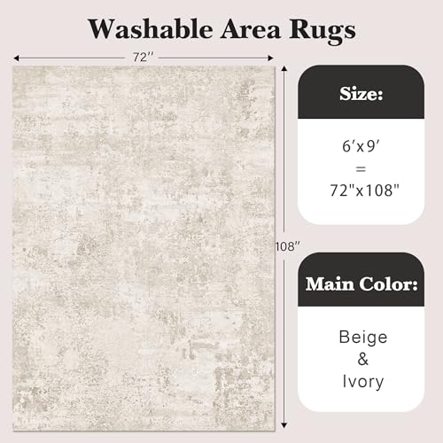 Art&Tuft Washable Rugs 6x9, Anti-Slip Backing Abstract 6x9 Area Rugs, Stain Resistant Rugs for Living Room, Foldable Machine Washable Area Rug (6'x9', Beige) - Image 2