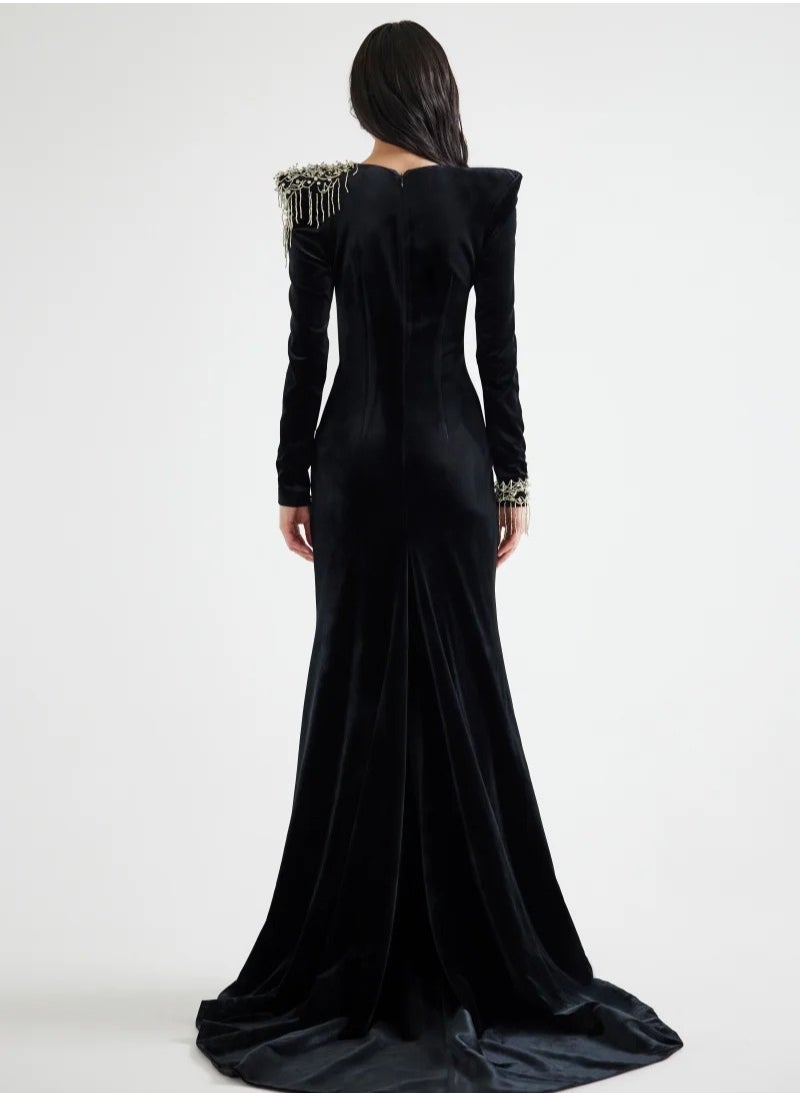NIBEMINENT Fashionable Women's Evening Dress With Beaded Velvet Trailing Long Dress  - Image 2
