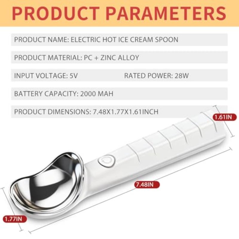 Heated Ice Cream Scoop Rechargeable, Electric Ice Cream Scooper with Dual Temperature 113°F-158°F, Zinc Alloy Rust-Proof, Waterproof, Easy Clean Kitchen Gadget for Hard Ice Cream and Gelato, White - Image 2