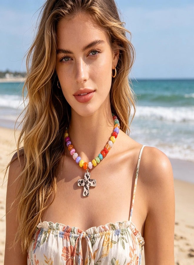 Hremhoo Colorful Chunky Beaded Necklaces for Women Gold Cross Pendant Beaded Chokers Necklaces Trendy Boho Beach Resin Beads Choker Necklace Summer Beach Jewelry Gift - Image 4