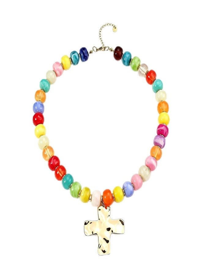 Hremhoo Colorful Chunky Beaded Necklaces for Women Gold Cross Pendant Beaded Chokers Necklaces Trendy Boho Beach Resin Beads Choker Necklace Summer Beach Jewelry Gift - Image 1