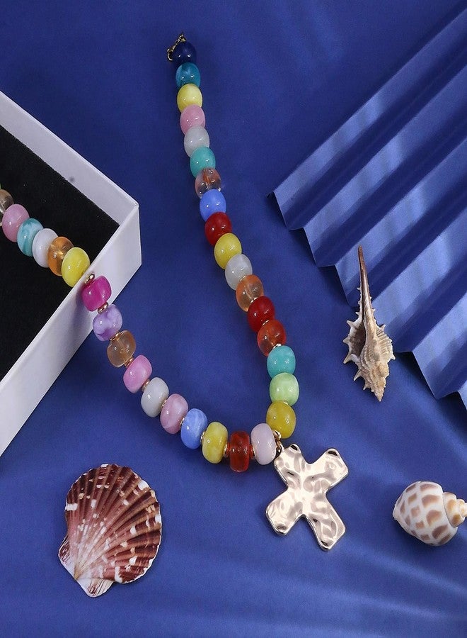 Hremhoo Colorful Chunky Beaded Necklaces for Women Gold Cross Pendant Beaded Chokers Necklaces Trendy Boho Beach Resin Beads Choker Necklace Summer Beach Jewelry Gift - Image 2