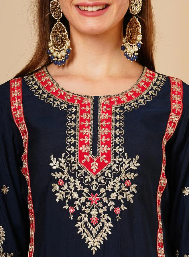 globus Embroidered Lace Straight Kurta and Trousers and Dupatta Set by Styli
