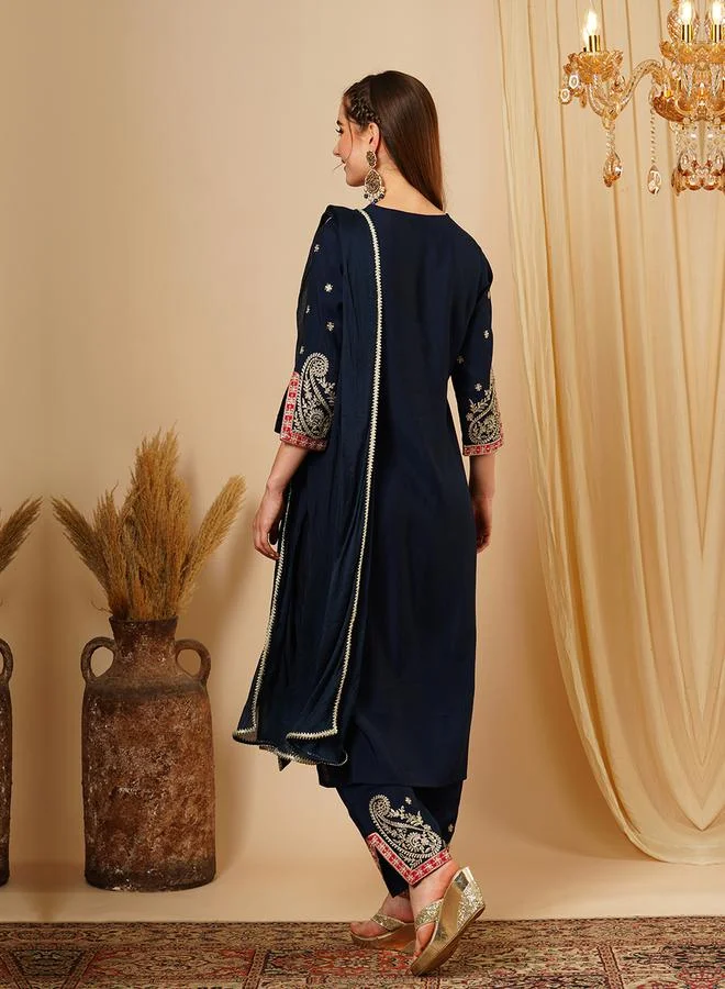 globus Embroidered Lace Straight Kurta and Trousers and Dupatta Set by Styli