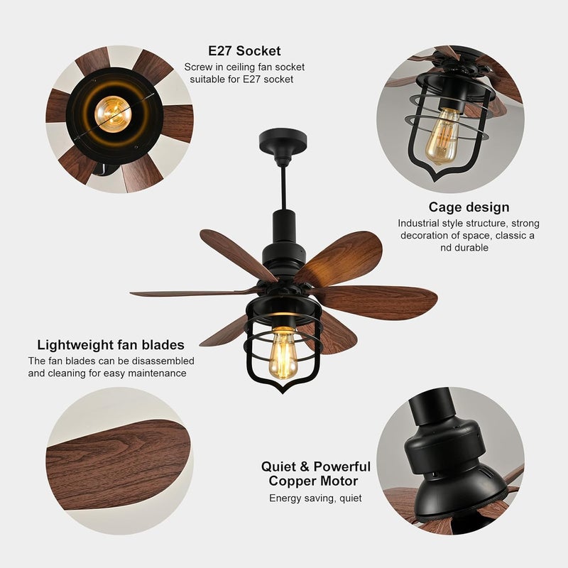 GEADI 52cm Ceiling Fans with Lights, Socket Fan Light with Remote, Screw in Ceiling Fan in Light Socket Small Black Ceiling Fan for Garage,Bedroom, Kitchen, Living Room (Bulb not Included) - Image 5