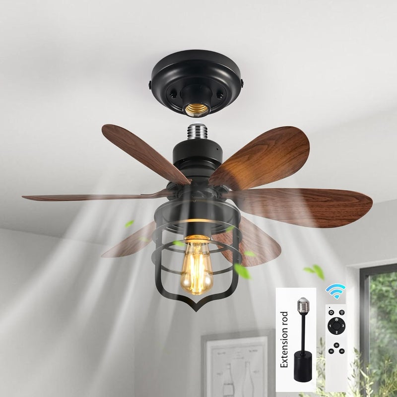 GEADI 52cm Ceiling Fans with Lights, Socket Fan Light with Remote, Screw in Ceiling Fan in Light Socket Small Black Ceiling Fan for Garage,Bedroom, Kitchen, Living Room (Bulb not Included) - Image 1