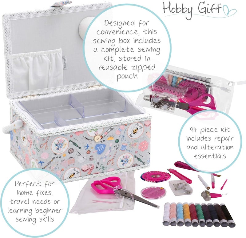 Hobby Gift صندوق خياطة مليء بالهدايا للهوايات - لتخزين الأدوات والمواد الخاصة بالحرف اليدوية، سلة خياطة تحتوي على مجموعة خياطة مكونة من 94 قطعة، مقاس متوسط، مصنوع يدويًا، أبعاده (طول × عرض × ارتفاع): 18.5 × 25.5 × 14.5 سم - Image 3