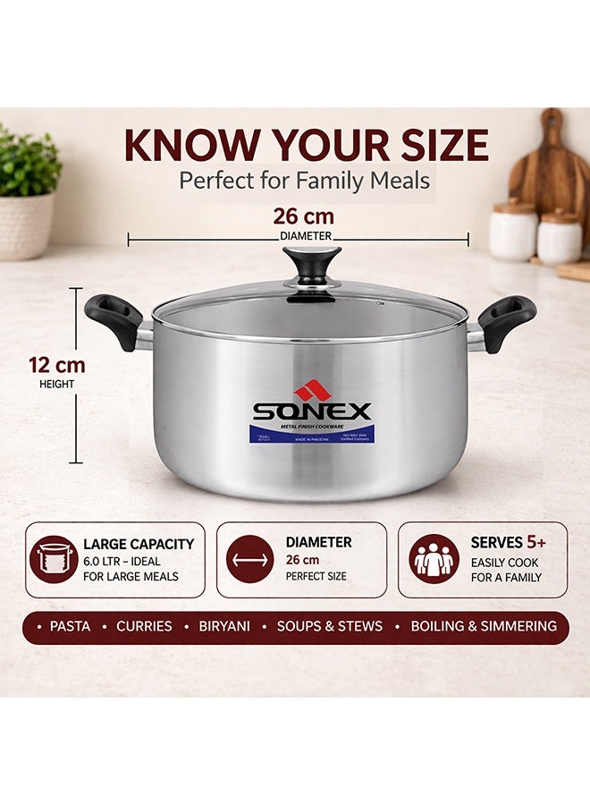 SONEX طاجن سونكس المتميز من الألمنيوم مع غطاء زجاجي ومقبض باكليت بارد مريح - 26 سم (6 لتر)، تشطيب معدني أنيق، بناء متين، غطاء شفاف لمراقبة سهلة، آمن في غسالة الصحون - Image 2