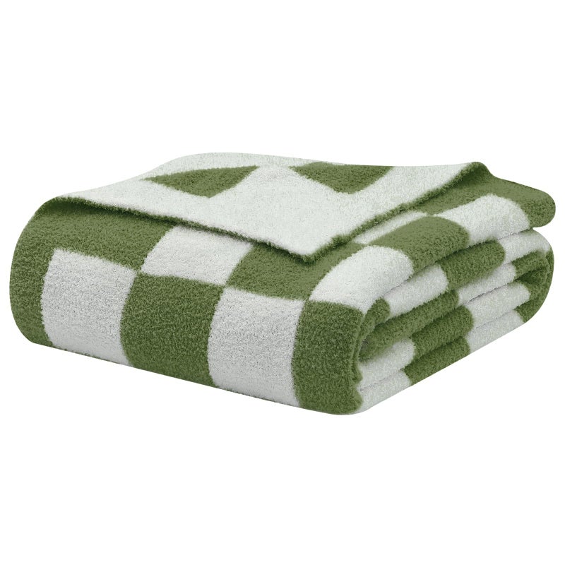 bearberry Fuzzy Checkerboard Grid Throw Blanket Soft Cozy Warm Microfiber All Season Blanket Decor for Couch Sofa Bed Travel Home Avocado Green 50x60
