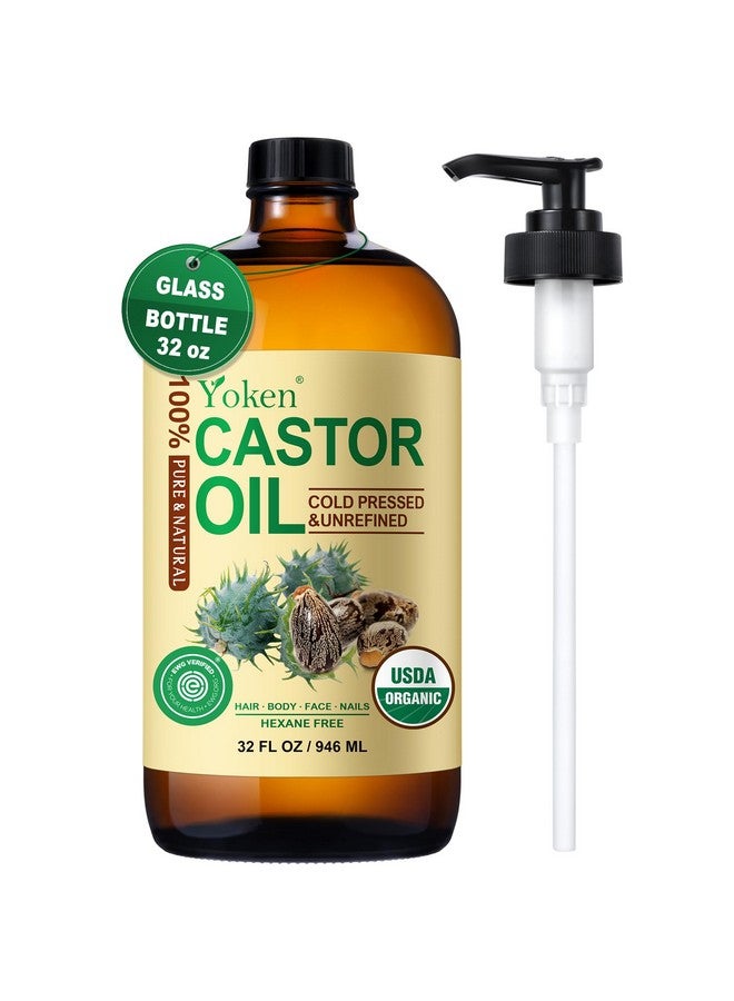 Yoken USDA Organic Castor Oil Glass Bottle 32 fl oz (with Pump) 100% Pure Castor Oil for Skin Face Hair, Cold Press, Hexane Free, Unrefined Caster oil for Castor Oil Pack Deep Nourish Body Moisturizer - Image 1
