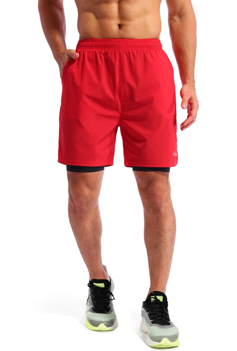 Pudolla Men’s 2 in 1 Running Shorts 7" Quick Dry Gym Athletic Workout Shorts for Men with Phone Pockets(Dark Red Medium) - Image 2