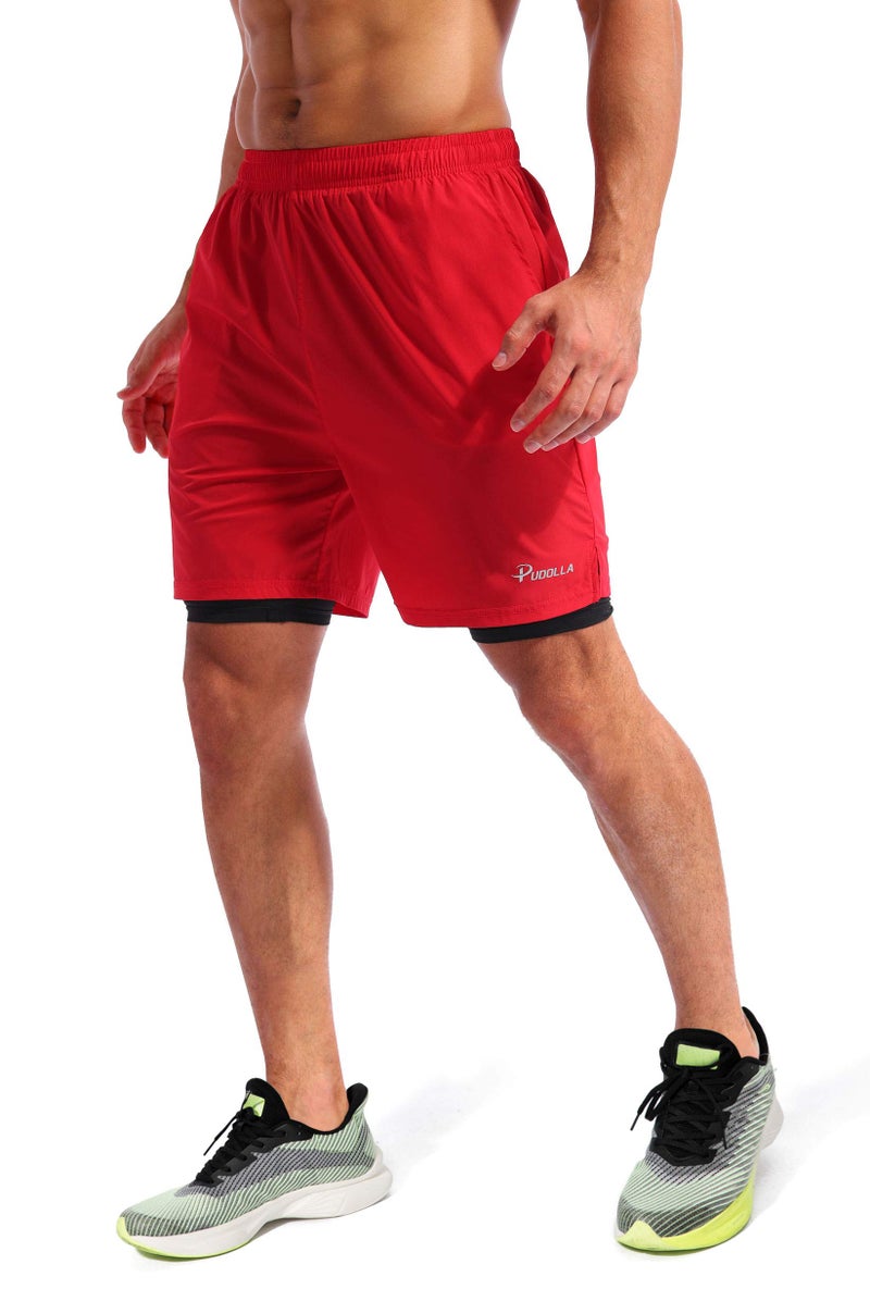 Pudolla Men’s 2 in 1 Running Shorts 7" Quick Dry Gym Athletic Workout Shorts for Men with Phone Pockets(Dark Red Medium) - Image 3