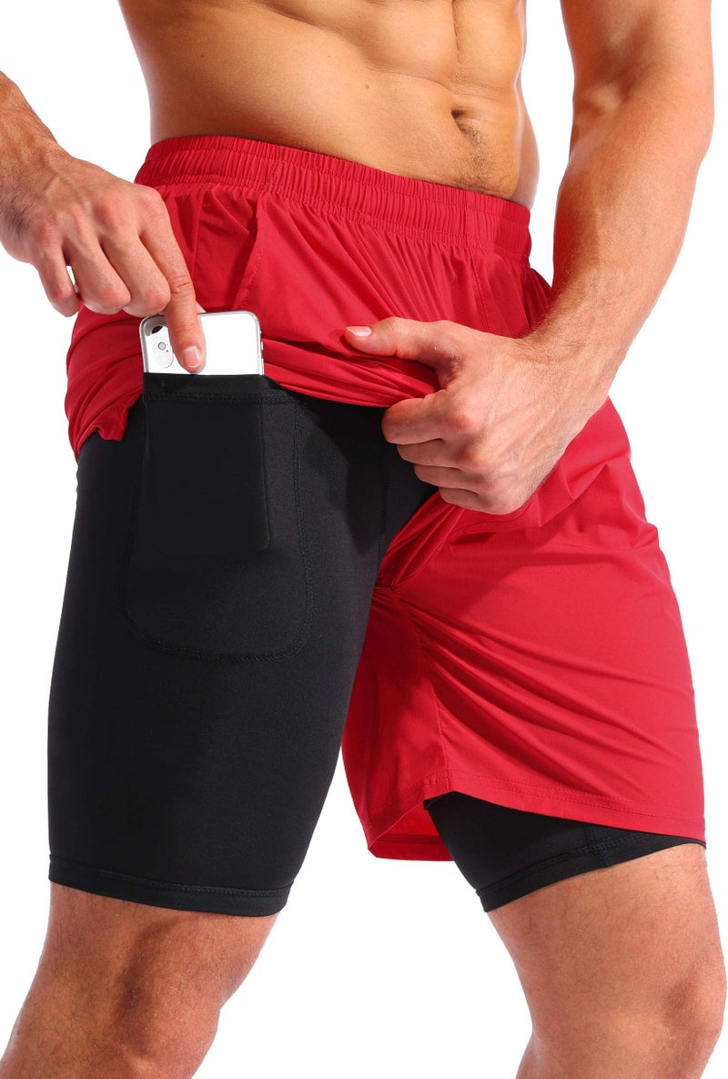 Pudolla Men’s 2 in 1 Running Shorts 7" Quick Dry Gym Athletic Workout Shorts for Men with Phone Pockets(Dark Red Medium) - Image 1