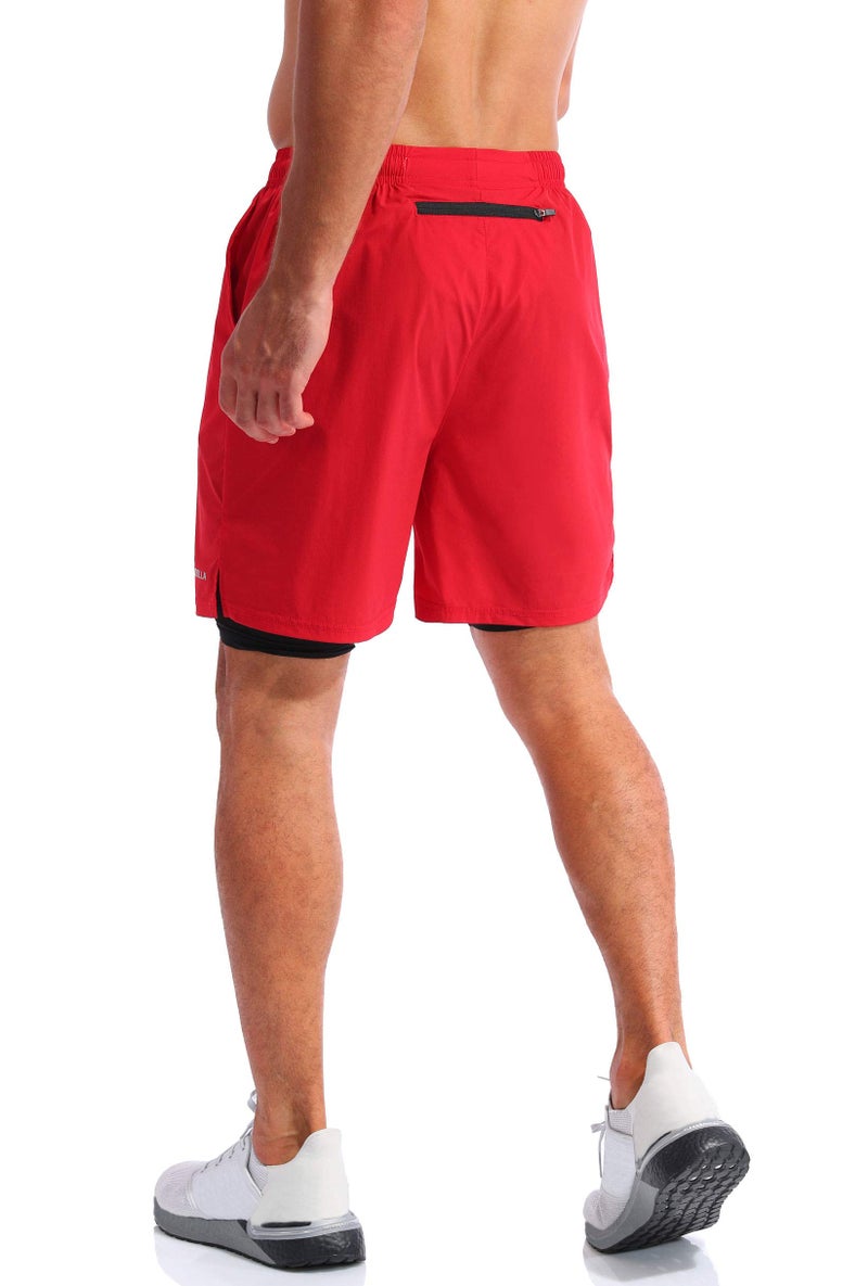 Pudolla Men’s 2 in 1 Running Shorts 7" Quick Dry Gym Athletic Workout Shorts for Men with Phone Pockets(Dark Red Medium) - Image 4