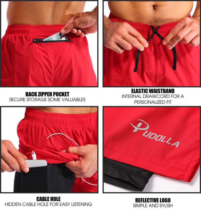 Pudolla Men’s 2 in 1 Running Shorts 7" Quick Dry Gym Athletic Workout Shorts for Men with Phone Pockets(Dark Red Medium) - Image 5