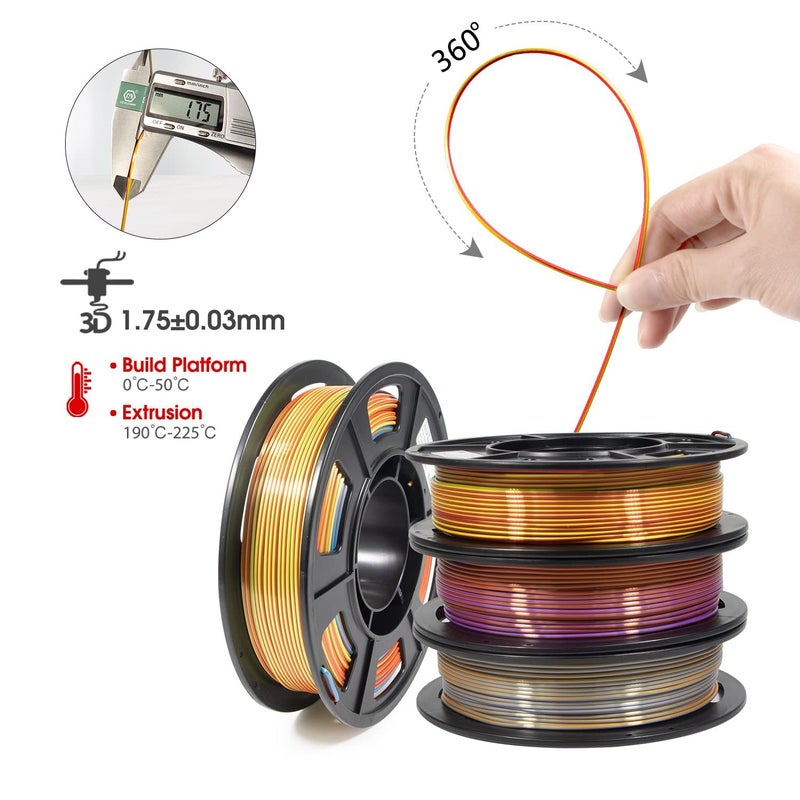 Protomont TECHNOLOGIES FiLAMONT PLA Silk Filament 1.75mm, 3D Printer Filament, Shiny Silk 1.75 PLA Filament, 1kg(2.2Lbs)/Spool (Silk Tri Orange Blue Green) - Image 5
