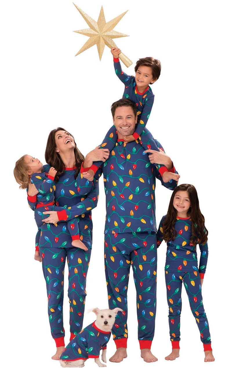 PajamaGram Matching Christmas PJs for Family, Christmas Lights, Dog Medium Blue - Image 1