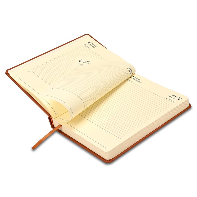 FIS مفكرة FIS 2026 A5، 148x210 مم، غلاف PU إيطالي مبطن من جهة واحدة، زوايا مدورة، تنسيق يوم في صفحة، عربي/إنجليزي، ورق إيطالي عاجي 70 جرام، غلاف بني - FSDI19AE26BR - Image 4