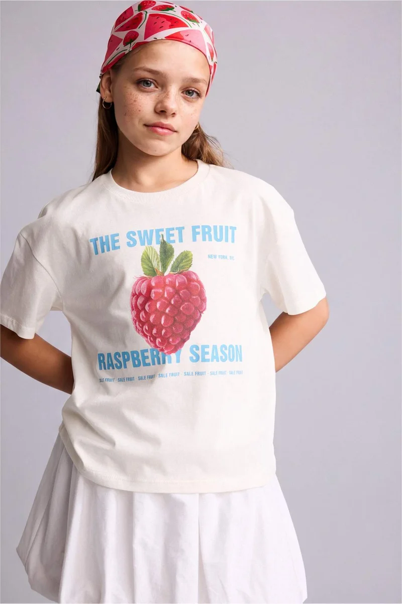 DeFacto Girl Neck Fruit Print Cotton T-Shirt