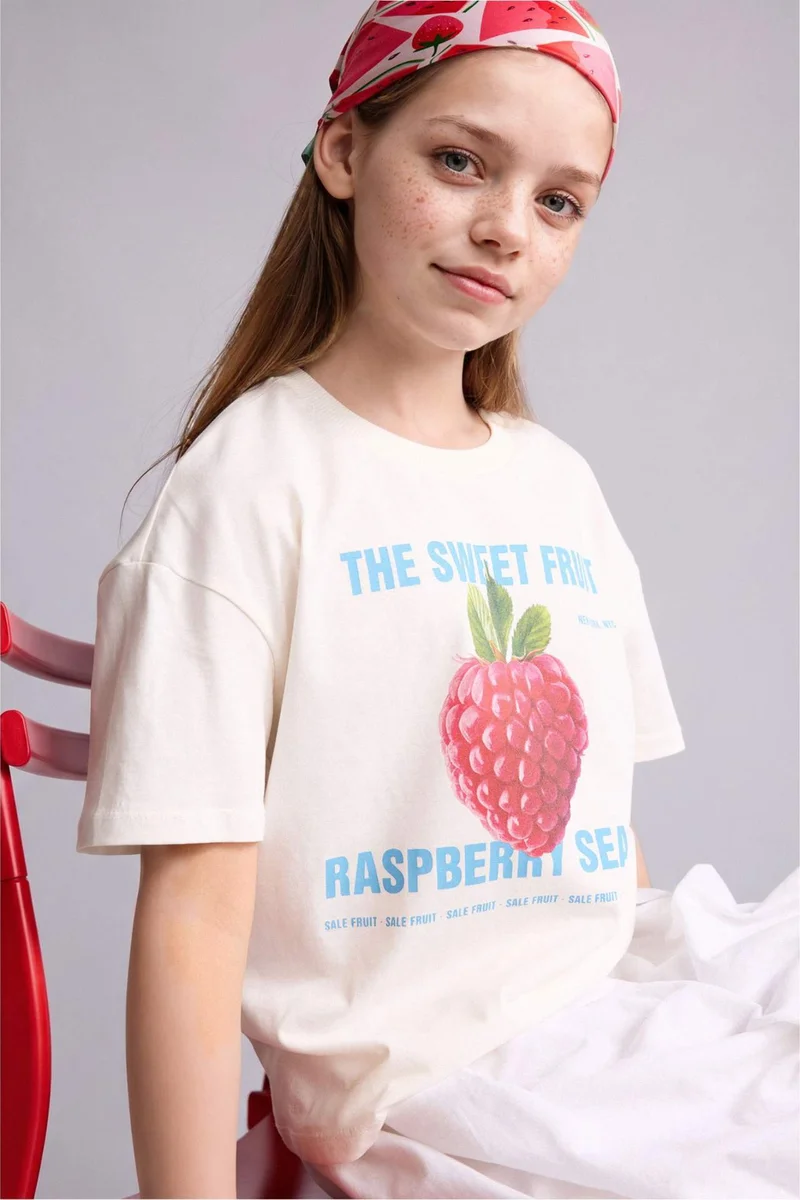 DeFacto Girl Neck Fruit Print Cotton T-Shirt