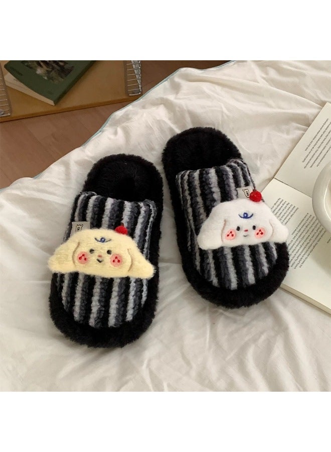 Furry Slippers For Women In Winter Fleece-lined To Heattech Home Indoor Non-slip Cute Big Eye Stripesd Color Matching Toe Cotton Slippers